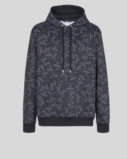 Hoodie with all-over Balmain label print