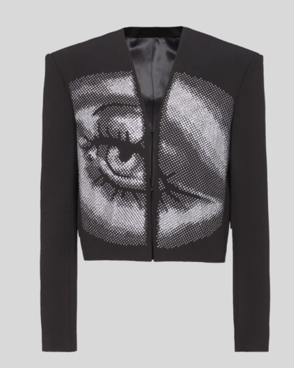 Cropped crepe jacket with crystals in an Eye motif