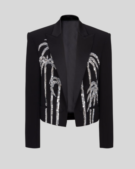 Cropped crepe jacket with palm tree embroidery