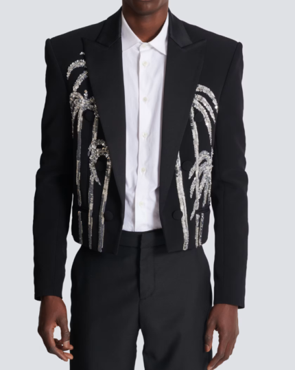 Cropped crepe jacket with palm tree embroidery