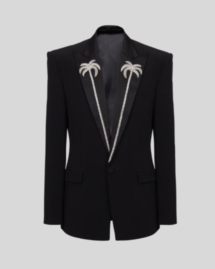 1-button jacket with embroidered palm tree collar