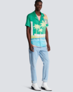 Short-sleeved twill shirt with palm tree print