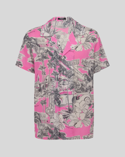 Short-sleeved silk pyjama shirt with Miami print