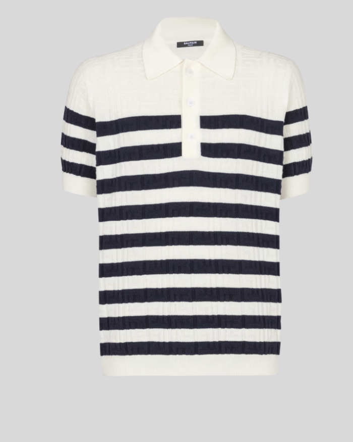 Striped knit polo shirt with monogram